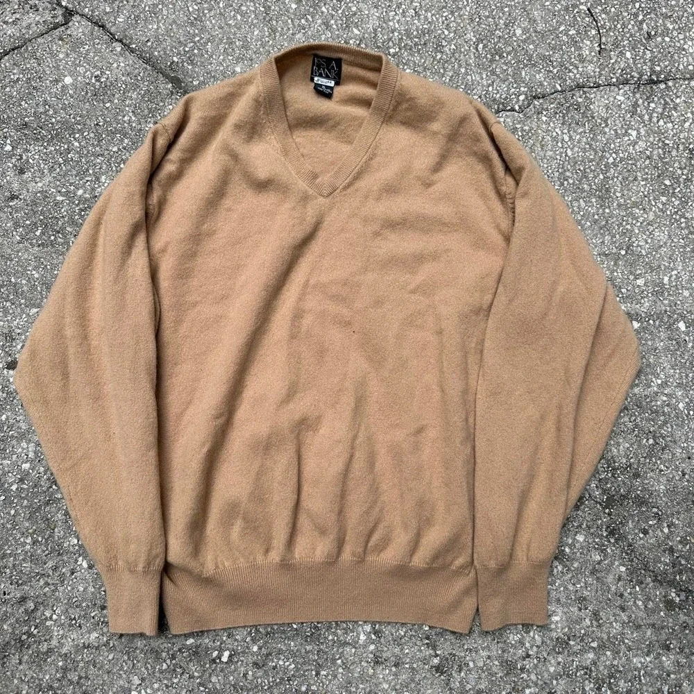 Tan Jos A Bank Italian Cashmere V-Neck Sweater Size XL